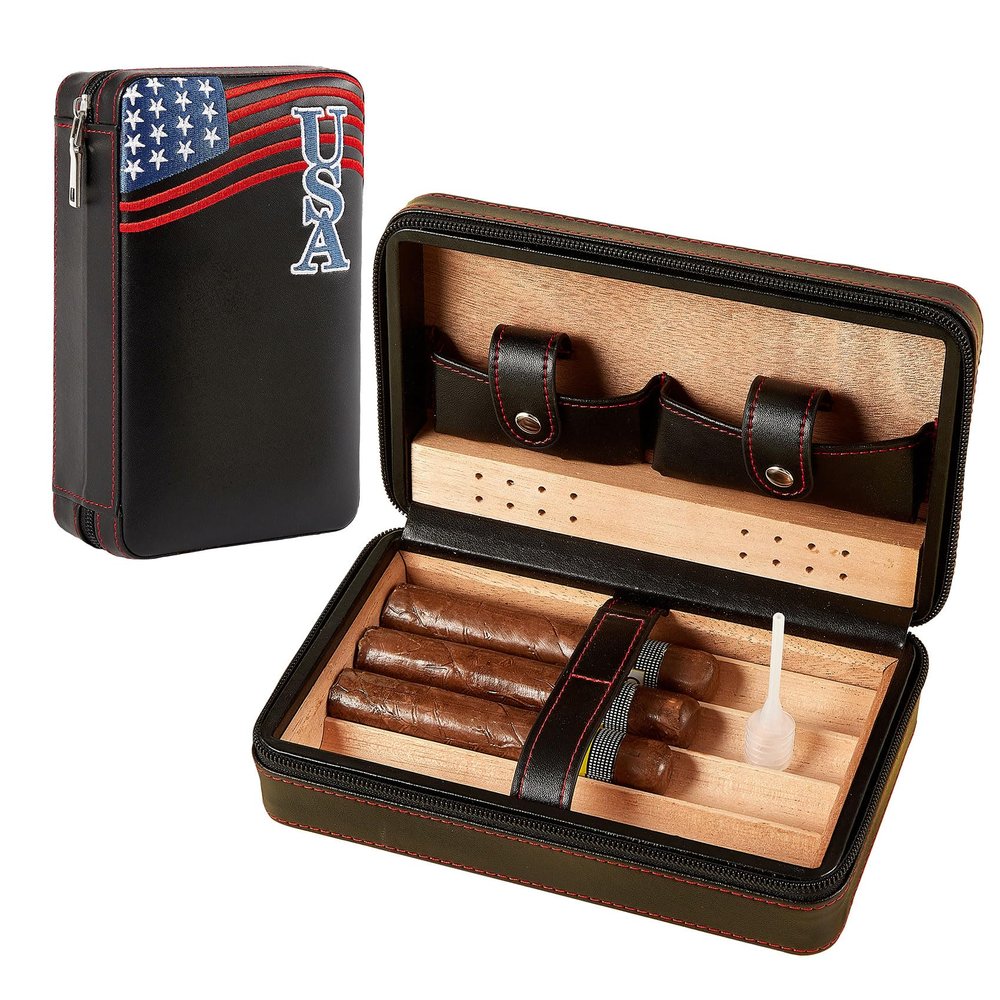3Dhologramfan Cigar Case Travel Humidor Kit,The Leather Cigar Accessories with Cutter, Ashtray & Case Cedar-Lined for Optimal Freshness- Men's Gift Set for Home and Office (4 Pack Embroidery Black)