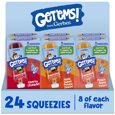 Get'ems from Gerber, Squeezies, Multipack Smoothie Pouches, Fruit and Veggie Pouches, Ice Pops, Freezie Fruit Pops, Snacks for Kids, 24-Pack