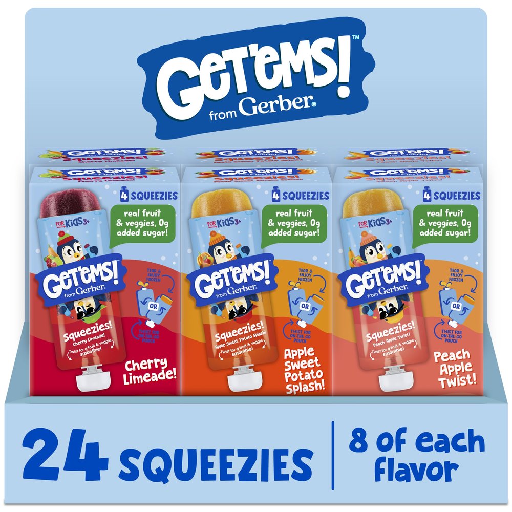 Get'ems from Gerber, Squeezies, Multipack Smoothie Pouches, Fruit and Veggie Pouches, Ice Pops, Freezie Fruit Pops, Snacks for Kids, 24-Pack