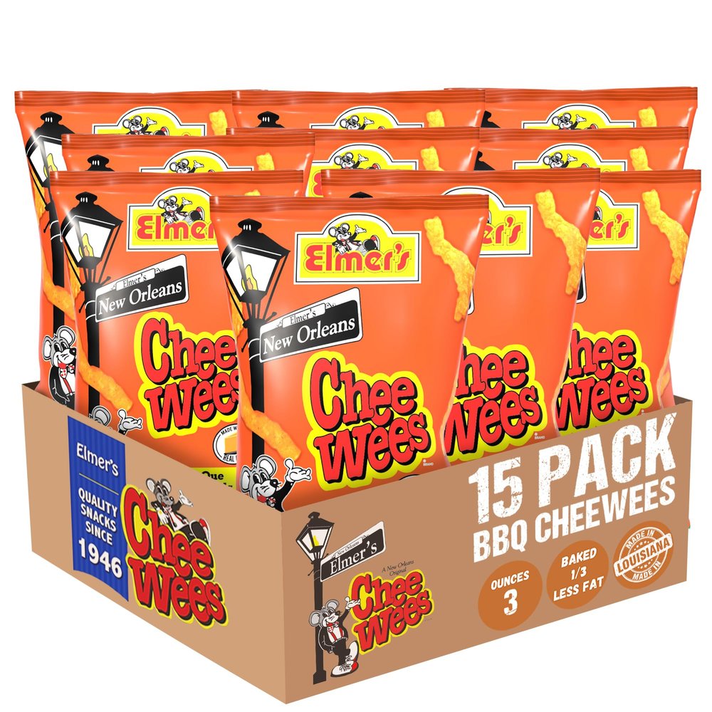Elmer's New Orleans Chee-wee's, Authentic NOLA BBQ Flavor, Irresistible Crunchy Snack Delight 3 oz Bags, Pack of 15