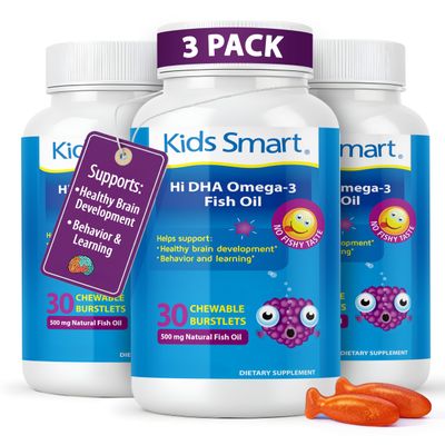 KIDS SMART Hi DHA Omega-3 Fish Oil- 90 Burstlets for Kids 1 and Up | 500mg Fish Oil with DHA & EPA | Brain, Learning, Behavior & Healthy Eye Support | No Fishy Taste, Sugar-Free Fruity Chewable
