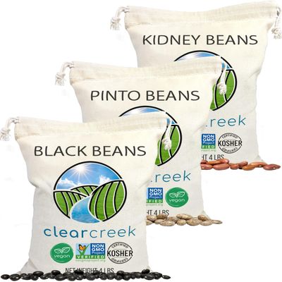 CLEAR CREEK Washington State Grown Black Beans, Pinto and Kidneys | 12 LB (3-4 lb Bags) | Non-GMO | Vegan | Kosher | Non-Irradiated | Dry Black Beans | Frijoles Negros