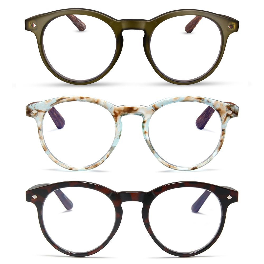 2SeeLife 3-Pack Large Round TR-90 Reading Glasses for Men & Women Medium-Large Fit, Durable, Spring Hinges, Blue Light Readers, Green, Aqua Blue, Brown Tortoise, +2.75