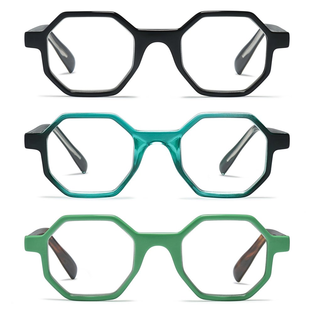 2SeeLife 3-Pack Oversized Hexagon TR-90 Reading Glasses for Men & Women MediumWide Fit, Durable, Spring Hinges, Premium Readers, Black, Emerald, Green, +2.75