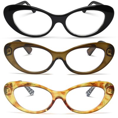 2SeeLife 3-Pack Oversized Cat Eye Reading Glasses for Women Medium-Large Fit, Sturdy Frame, Spring Hinges, Premium Cateye Readers, Black, Green Olive, Honey Yellow, +1.75