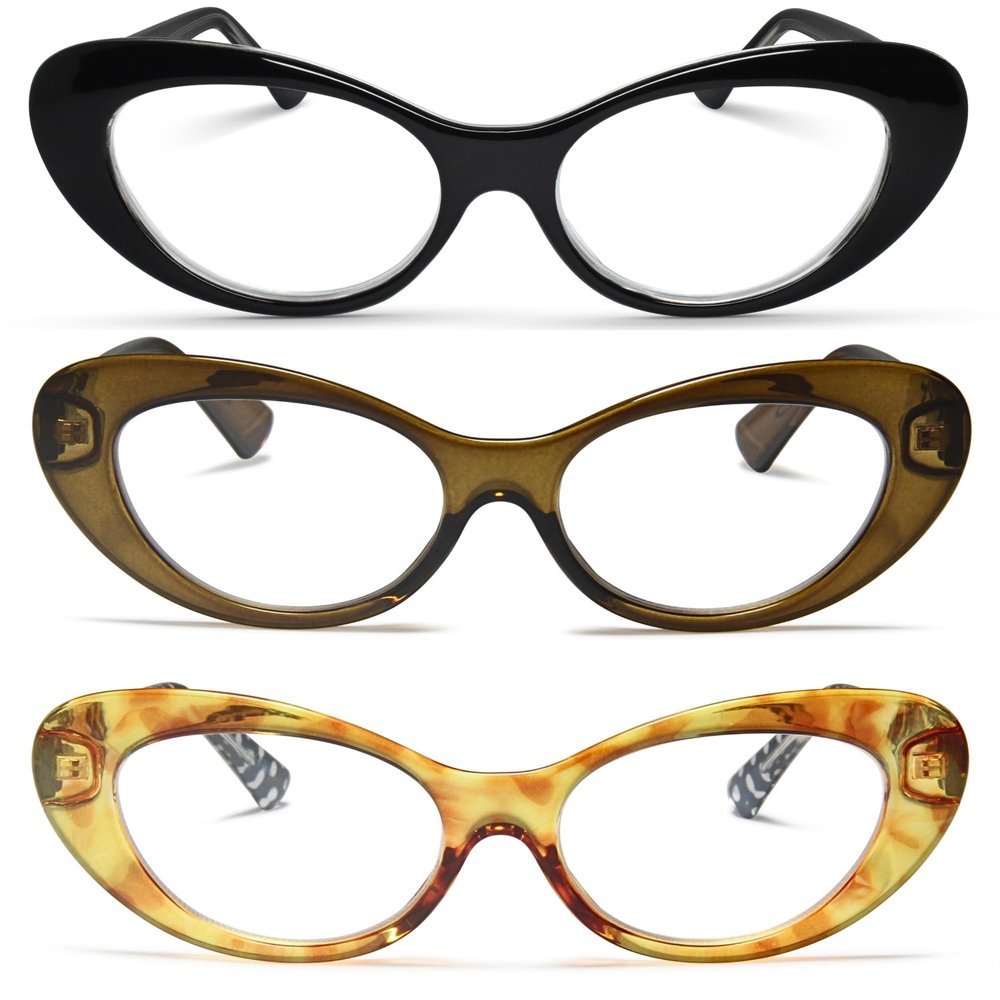 2SeeLife 3-Pack Oversized Cat Eye Reading Glasses for Women Medium-Large Fit, Sturdy Frame, Spring Hinges, Premium Cateye Readers, Black, Green Olive, Honey Yellow, +1.75