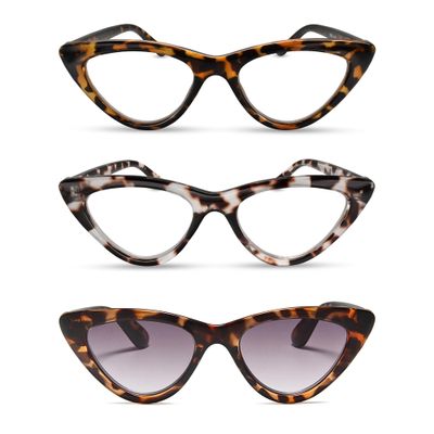 2SeeLife 3-Pack Premium Cat Eye TR-90 Reading Glasses for Women NarrowMedium Fit, Sturdy Frame, Spring Hinges, Stylish Readers, Brown Tortoise, Clear Tortoise, Sun Readers - Brown Tortoise, +1.00