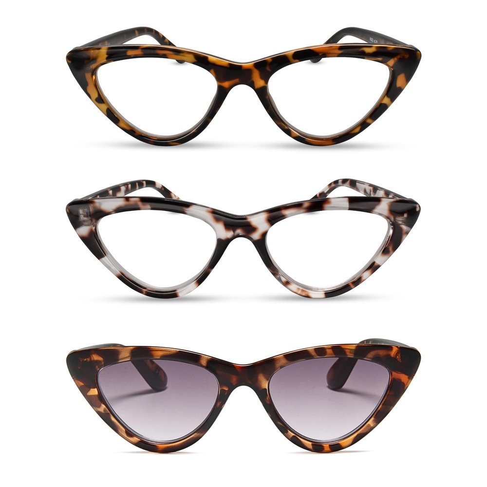 2SeeLife 3-Pack Premium Cat Eye TR-90 Reading Glasses for Women NarrowMedium Fit, Sturdy Frame, Spring Hinges, Stylish Readers, Brown Tortoise, Clear Tortoise, Sun Readers - Brown Tortoise, +1.00