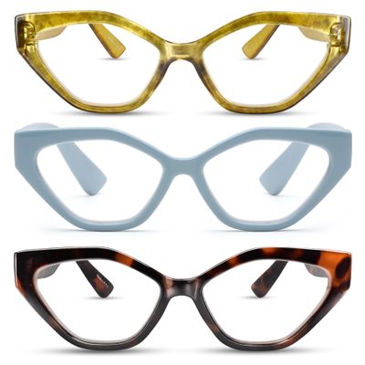 2SeeLife 3-Pack Oversized TR-90 Cat Eye Reading Glasses for Women Medium-Wide Fit, Sturdy Frame, Premium Geometric Readers, Amber Gold, Pastel Blue, Brown Tortoise, +2.25