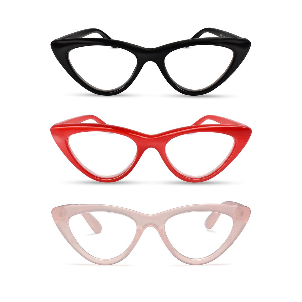 2SeeLife 3-Pack Premium Cat Eye TR-90 Reading Glasses for Women NarrowMedium Fit, Sturdy Frame, Spring Hinges, Stylish Readers, Black, Red, Clear Pink, +1.00