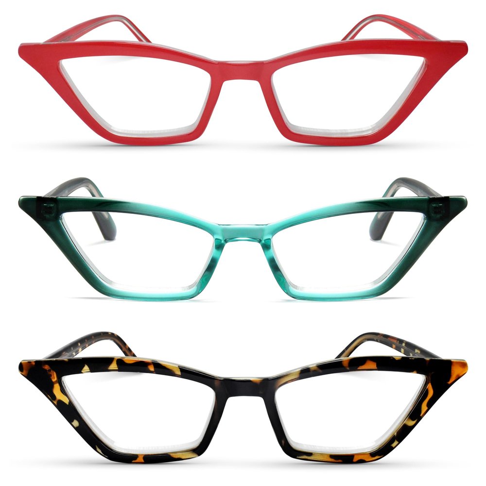 2SeeLife 3-Pack Premium Cat Eye Reading Glasses for Women Narrow-Medium Fit, Sturdy Frame, Spring Hinges, Stylish Funky Readers, Red, Turquoise, Brown Tortoise, +3.00