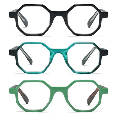 2SeeLife 3-Pack Oversized Hexagon TR-90 Reading Glasses for Men & Women MediumWide Fit, Durable, Spring Hinges, Premium Readers, Black, Emerald, Green, +2.25