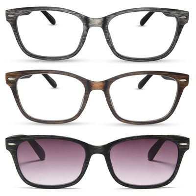 2SeeLife 3-Pack Wood Tone TR-90 Reading Glasses for Men Medium-Wide Fit, Durable & Sturdy Frame, Spring Hinges, Premium Readers, Gray, Brown, Sun Readers - Gray, +2.00