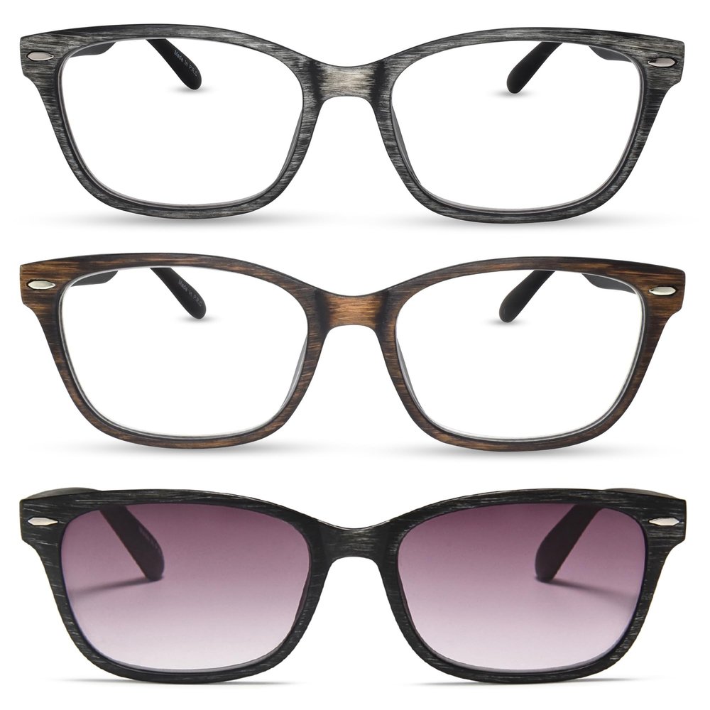 2SeeLife 3-Pack Wood Tone TR-90 Reading Glasses for Men Medium-Wide Fit, Durable & Sturdy Frame, Spring Hinges, Premium Readers, Gray, Brown, Sun Readers - Gray, +2.00