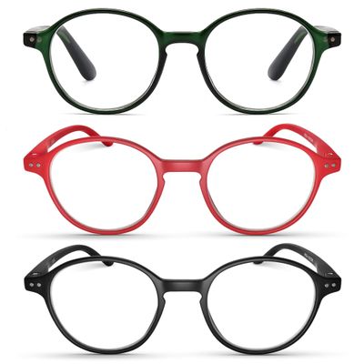2SeeLife 3-Pack Small Round Reading Glasses for Men & Women Narrow-Medium Fit, Sturdy Frame, Spring Hinges, Premium Retro Readers, Green, Red, Black, +1.00