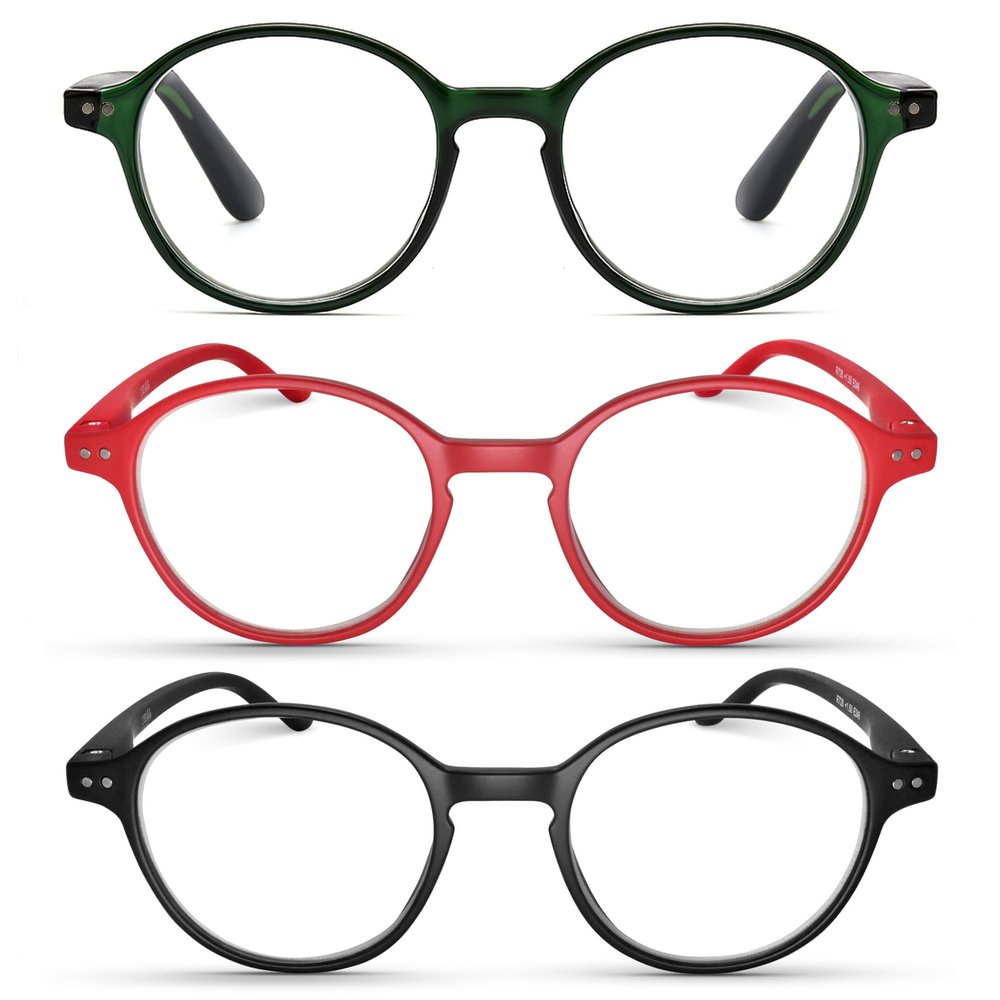 2SeeLife 3-Pack Small Round Reading Glasses for Men & Women Narrow-Medium Fit, Sturdy Frame, Spring Hinges, Premium Retro Readers, Green, Red, Black, +1.00