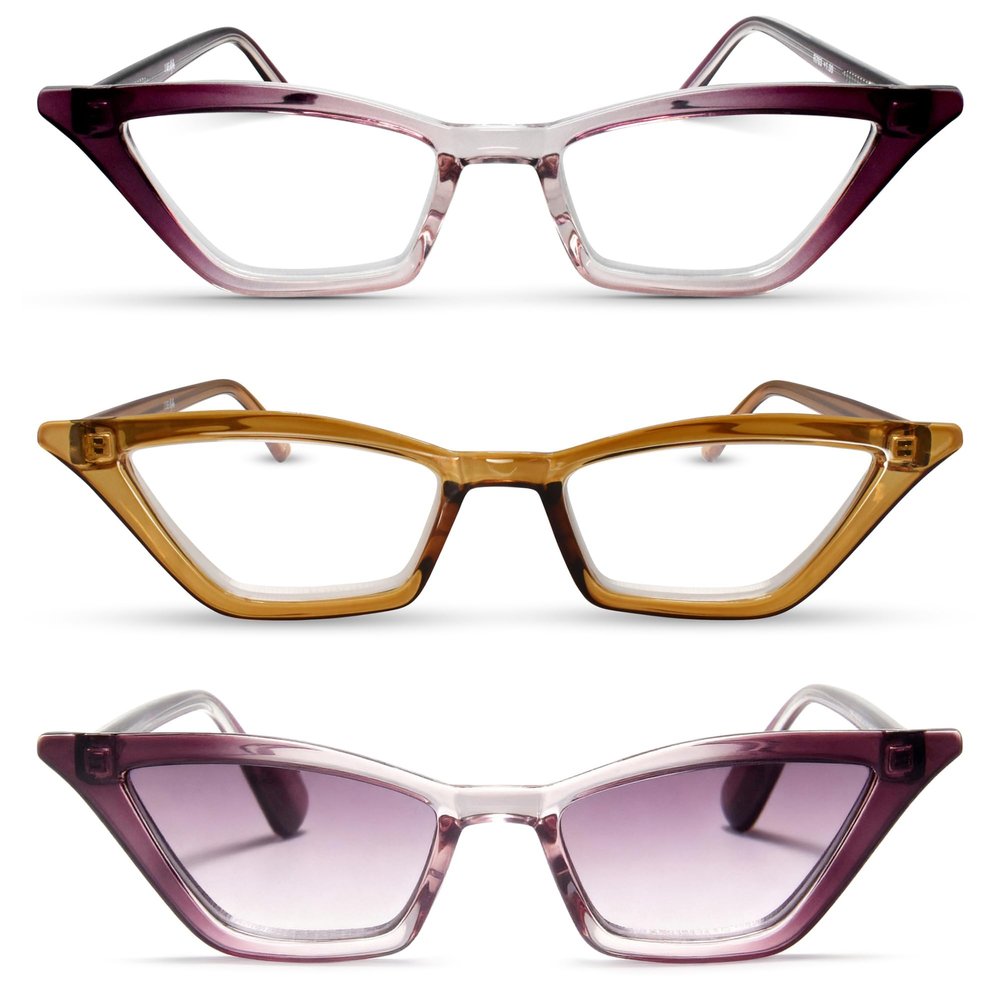 2SeeLife 3-Pack Premium Cat Eye Reading Glasses for Women Narrow-Medium Fit, Sturdy Frame, Spring Hinges, Stylish Funky Readers, Purple, Amber Green, Sun Readers - Purple, +1.00