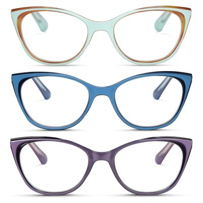 2SeeLife Narrow Cat Eye Reading Glasses Multipack for Women SmallMedium Fit, Sturdy Frame, Spring Hinges, Stylish Cateye Readers, Pastel Blue, Pacific Blue, Purple, +2.50