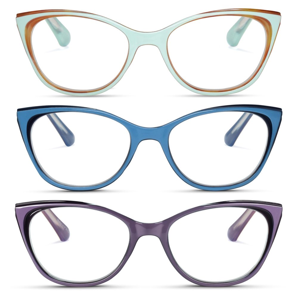2SeeLife Narrow Cat Eye Reading Glasses Multipack for Women SmallMedium Fit, Sturdy Frame, Spring Hinges, Stylish Cateye Readers, Pastel Blue, Pacific Blue, Purple, +2.50