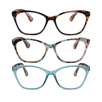 2SeeLife 3-Pack Large Cat Eye Reading Glasses for Women - Medium-Wide Faces, Durable Frame, Spring Hinges, Oversized Cateye Readers, Brown Tortoise, Rose-blue Tortoise, Turquoise, +1.50