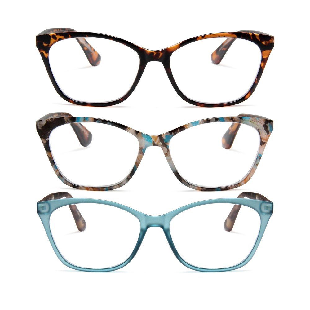 2SeeLife 3-Pack Large Cat Eye Reading Glasses for Women - Medium-Wide Faces, Durable Frame, Spring Hinges, Oversized Cateye Readers, Brown Tortoise, Rose-blue Tortoise, Turquoise, +1.50