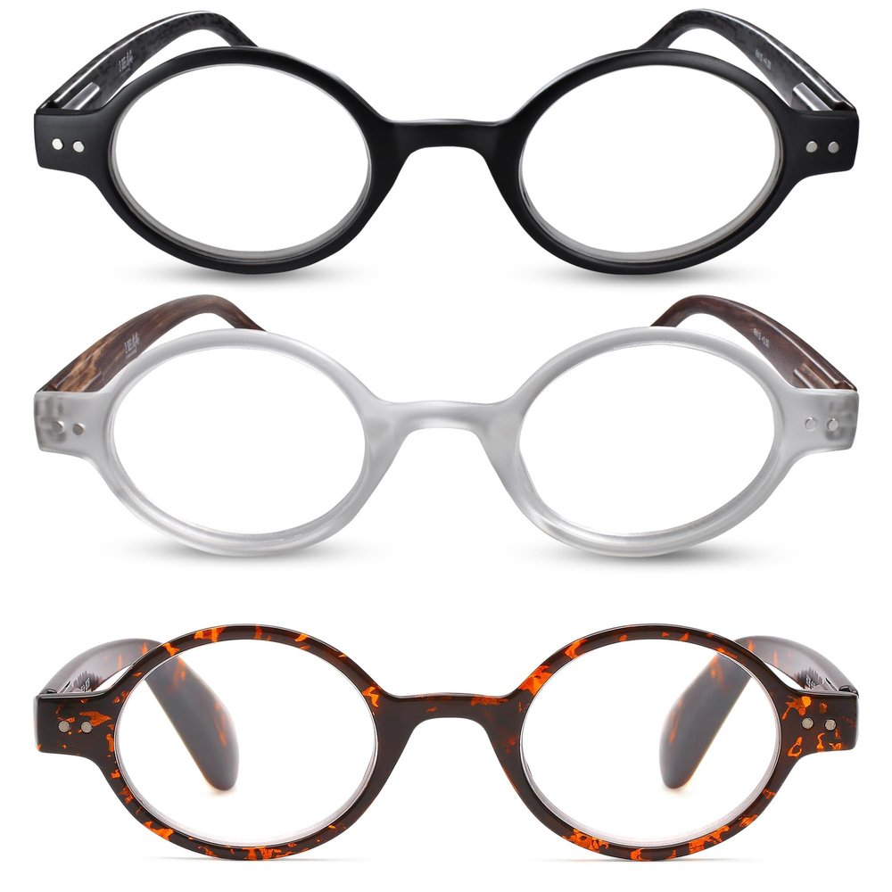 2SeeLife 3-Pack Small Round TR-90 Reading Glasses for Men & Women - Narrow-Medium Fit, Sturdy Frame, Spring Hinges, Retro Readers, Black, Clear, Brown Tortoise, +1.75