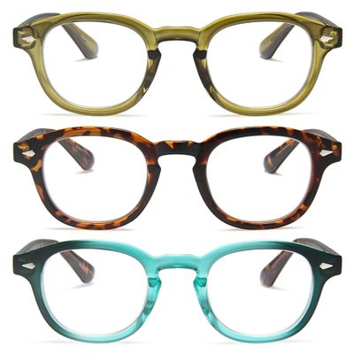2SeeLife 3-Pack Retro Round Reading Glasses for Men & Women Narrow-Medium Fit, Premium Readers Spring Hinges, Solid & Sturdy, Olive Green, Brown Tortoise, Turquoise, +2.50