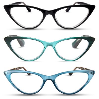 2SeeLife 3-Pack Small Cat Eye Reading Glasses for Women Narrow-Medium Fit, Sturdy Frame, Spring Hinges, Premium Funky Readers, Black, Emerald, Turquoise, +1.25