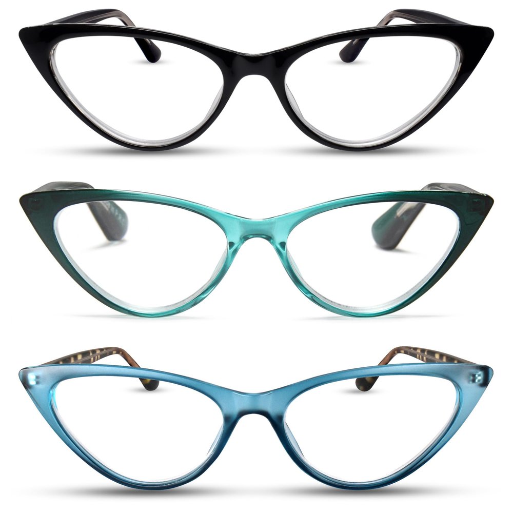 2SeeLife 3-Pack Small Cat Eye Reading Glasses for Women Narrow-Medium Fit, Sturdy Frame, Spring Hinges, Premium Funky Readers, Black, Emerald, Turquoise, +1.25