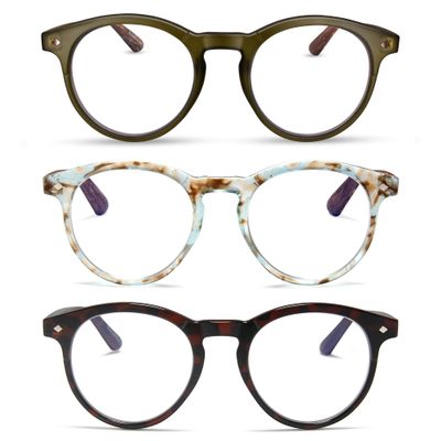 2SeeLife 3-Pack Large Round TR-90 Reading Glasses for Men & Women Medium-Large Fit, Durable, Spring Hinges, Blue Light Readers, Green, Aqua Blue, Brown Tortoise, +1.00