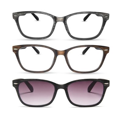 2SeeLife 3-Pack Wood Tone TR-90 Reading Glasses for Men Medium-Wide Fit, Durable & Sturdy Frame, Spring Hinges, Premium Readers, Gray, Brown, Sun Readers - Gray, +1.00