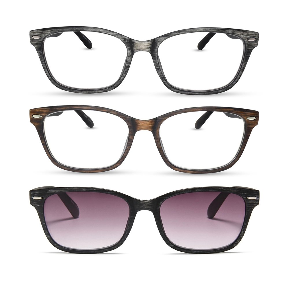 2SeeLife 3-Pack Wood Tone TR-90 Reading Glasses for Men Medium-Wide Fit, Durable & Sturdy Frame, Spring Hinges, Premium Readers, Gray, Brown, Sun Readers - Gray, +1.00