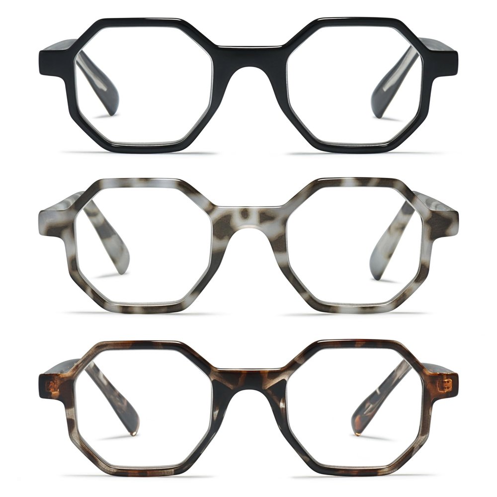 2SeeLife 3-Pack Oversized Hexagon TR-90 Reading Glasses for Men & Women MediumWide Fit, Durable, Spring Hinges, Premium Readers, Black, Clear Tortoise, Brown Tortoise, +3.00