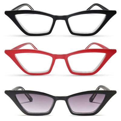 2SeeLife 3-Pack Premium Cat Eye Reading Glasses for Women Narrow-Medium Fit, Sturdy Frame, Spring Hinges, Stylish Funky Readers, Black, Red, Sun Readers - Black, +1.00
