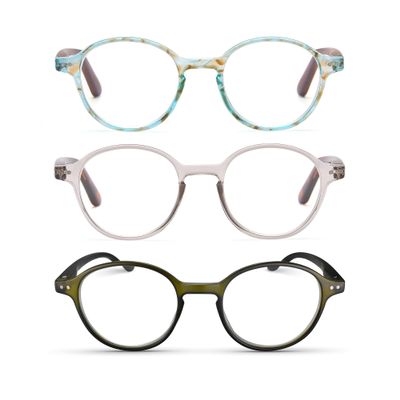 2SeeLife 3-Pack Small Round Reading Glasses for Men & Women Narrow-Medium Fit, Sturdy Frame, Spring Hinges, Premium Retro Readers, Aqua Blue, Clear Tortoise, Frosted Dark Green, +1.25