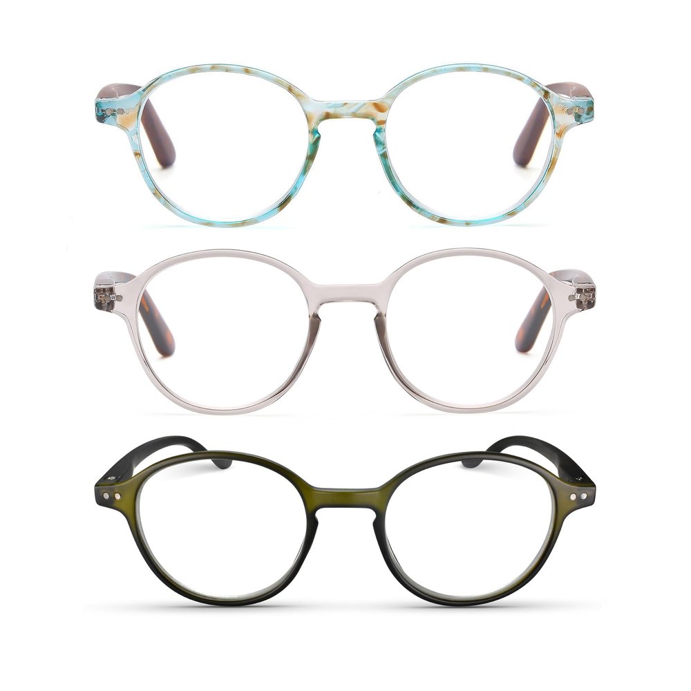2SeeLife 3-Pack Small Round Reading Glasses for Men & Women Narrow-Medium Fit, Sturdy Frame, Spring Hinges, Premium Retro Readers, Aqua Blue, Clear Tortoise, Frosted Dark Green, +1.25