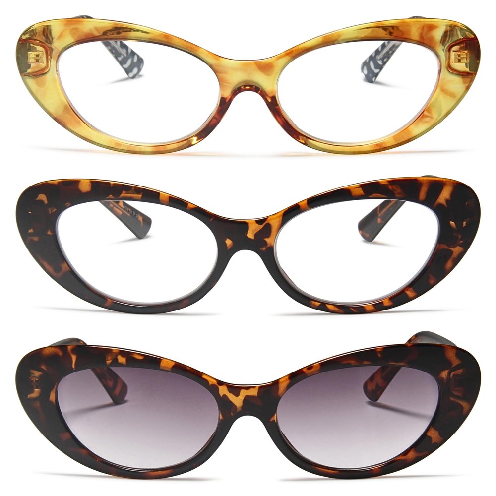 2SeeLife 3-Pack Oversized Cat Eye Reading Glasses for Women Medium-Large Fit, Sturdy Frame, Spring Hinges, Premium Cateye Readers, Honey Yellow, Brown Tortoise, Sun Readers - Tortoise, +2.00