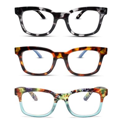 2SeeLife 3-Pack Wide Reading Glasses for Women Medium-Large Fit, Thick & Sturdy Frame, Spring Hinges, Premium Designer Readers, Grey Leopard, Tortoise Blue, Rainbow Tortoise, +2.00