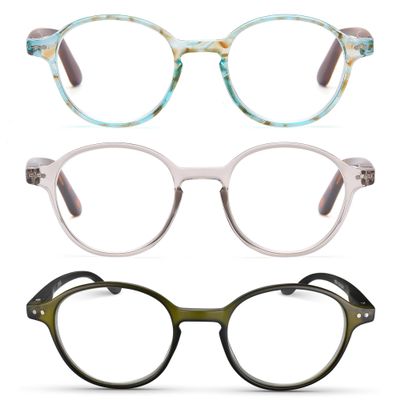 2SeeLife 3-Pack Small Round Reading Glasses for Men & Women Narrow-Medium Fit, Sturdy Frame, Spring Hinges, Premium Retro Readers, Aqua Blue, Clear Tortoise, Frosted Dark Green, +2.25