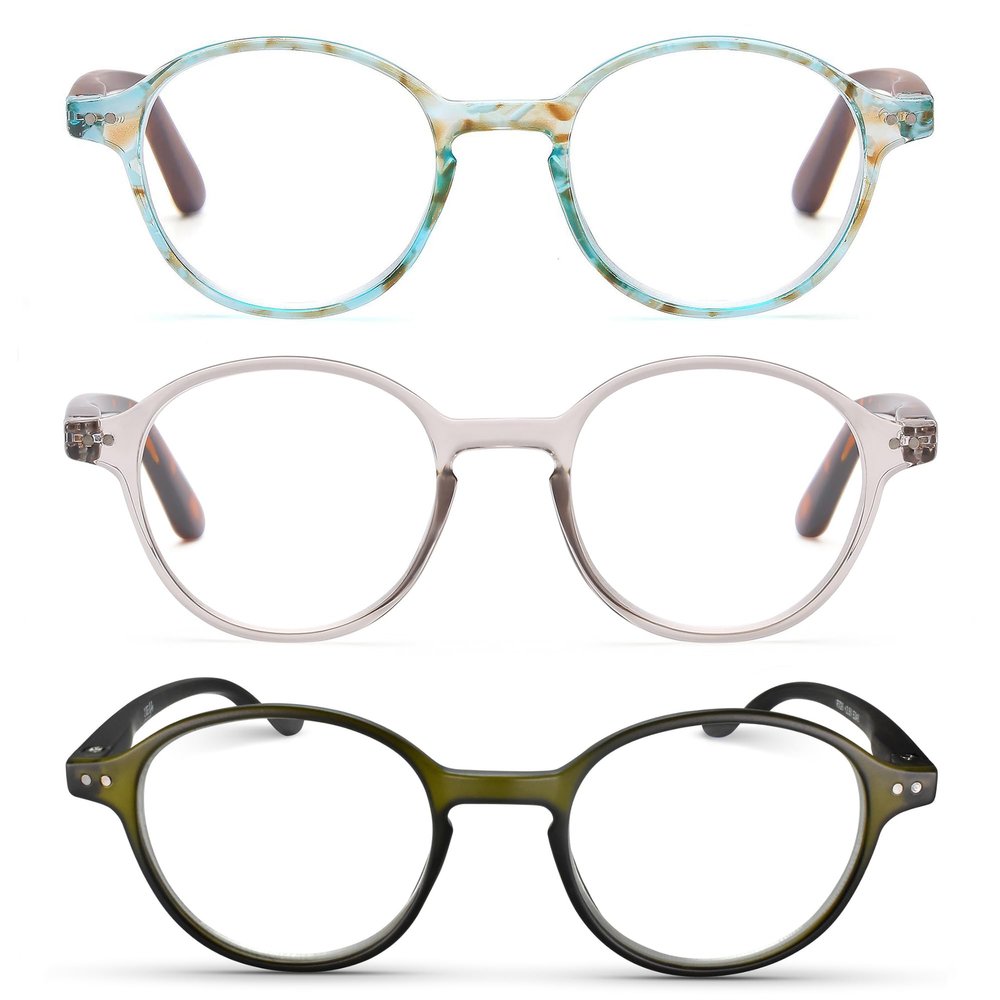 2SeeLife 3-Pack Small Round Reading Glasses for Men & Women Narrow-Medium Fit, Sturdy Frame, Spring Hinges, Premium Retro Readers, Aqua Blue, Clear Tortoise, Frosted Dark Green, +2.25