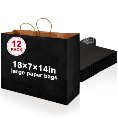 Maitys 12 Pcs 18x14x7 Inch Large Paper Gift Bags with Handle Bulk Paper Bags for Business, Merchandise, Gifts, Shopping, Retail Stores, Birthday Party for Multiple Uses(Black)