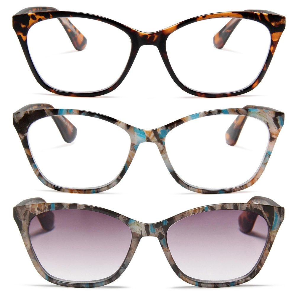 2SeeLife 3-Pack Large Cat Eye Reading Glasses for Women - Medium-Wide Faces,Durable Frame,Spring Hinges, Oversized Cateye Readers, Tortoise, Rose-blue Tortoise, Sun Readers - Rose-blue Tortoise, +1.00