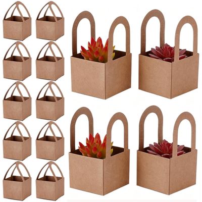 PH PandaHall 60 Sets Succulent Wrap Bags with Handles 2.7x2.7 inch 2 Colors Thank You Stickers Box Square Plants Holder Foldable Kraft Paper Pots Gift Box for Wedding Guest Gifts Party Favors, Brown
