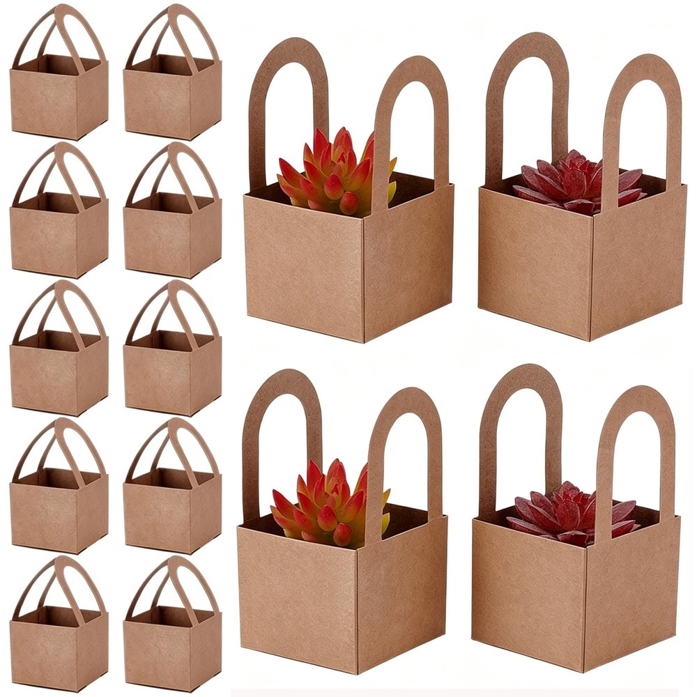 PH PandaHall 60 Sets Succulent Wrap Bags with Handles 2.7x2.7 inch 2 Colors Thank You Stickers Box Square Plants Holder Foldable Kraft Paper Pots Gift Box for Wedding Guest Gifts Party Favors, Brown