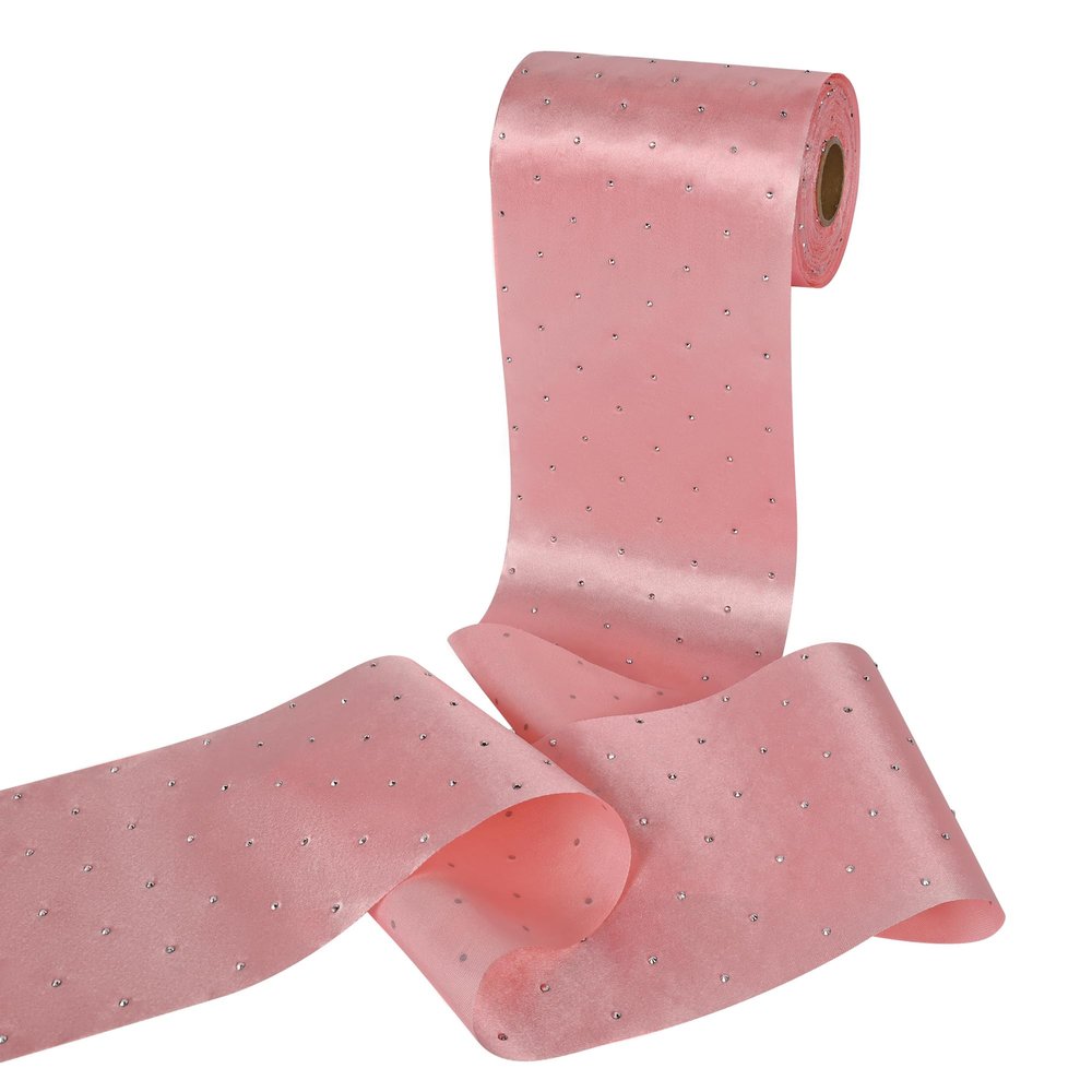 LEEQE Pink Satin Ribbon with Rhinestone 4" x 25 Yards Shiny Heat Transfer Decorative Ribbon for Gift Wrapping Party Decoration Bouquets Hair Bows