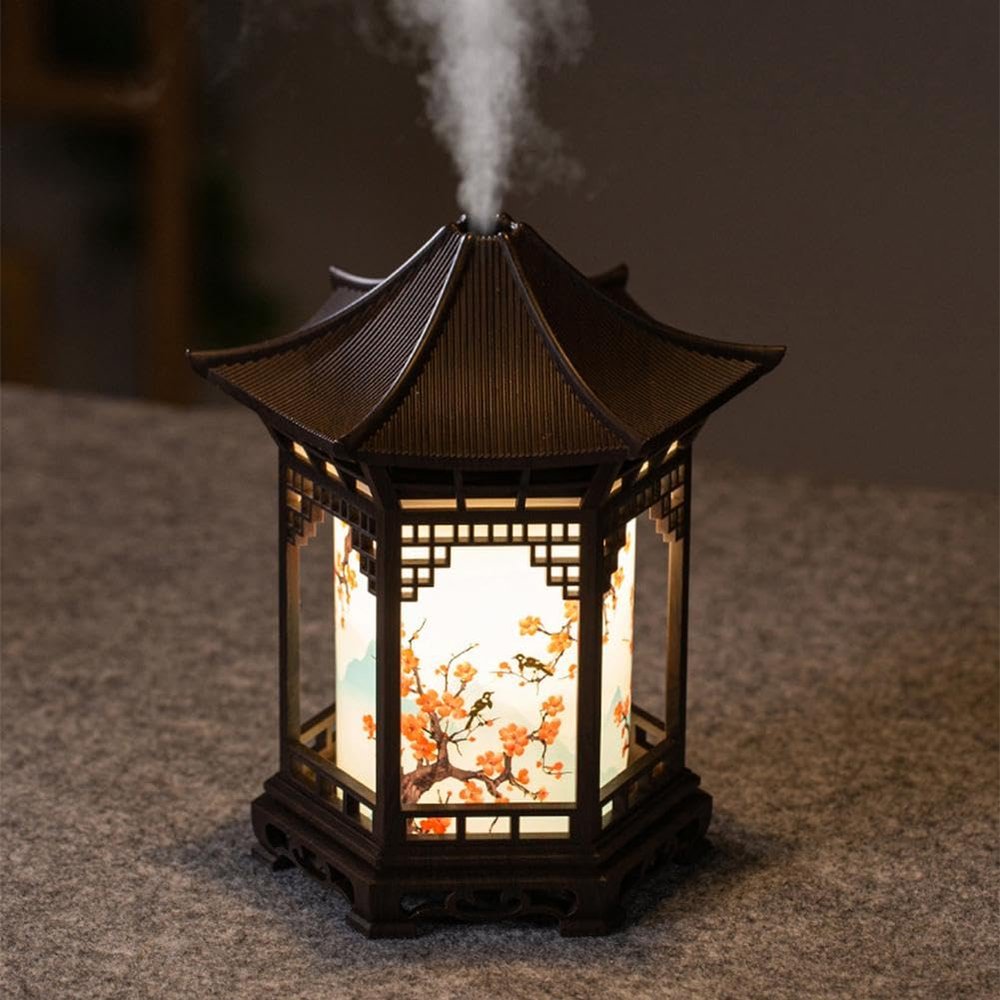 Zen Pavilion Lantern Aroma Diffuser & Night Light,2-in-1 160ml Essential Oil Diffuser with 2 Mist Modes,Zen Garden Humidifier Chinese-Style Decorative Night Light for Yoga, Meditation (Brown)