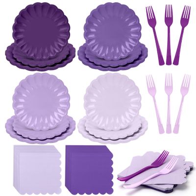 CENLBJ 128Pcs Purple Paper Plates and Napkins 32 Guests,Gradient Scalloped Disposable Tableware Party Supplies for Birthday Wedding Bridal Baby Shower Decorations