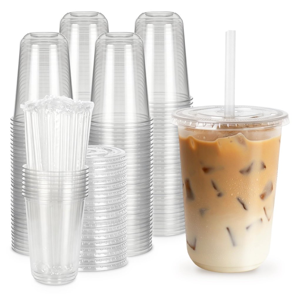 WANNADAY 100 Set 21 oz Round Bottom Clear Plastic Cups with Lids and Straws, Disposable Iced Coffee Cups with Lids To Go Cold Drink Cups for Smoothie, Juice, Milkshake