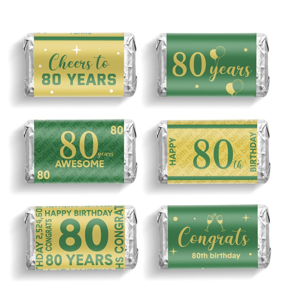Tenare 90 Pcs 80th Birthday Candy Wrappers, Green and Gold Stickers