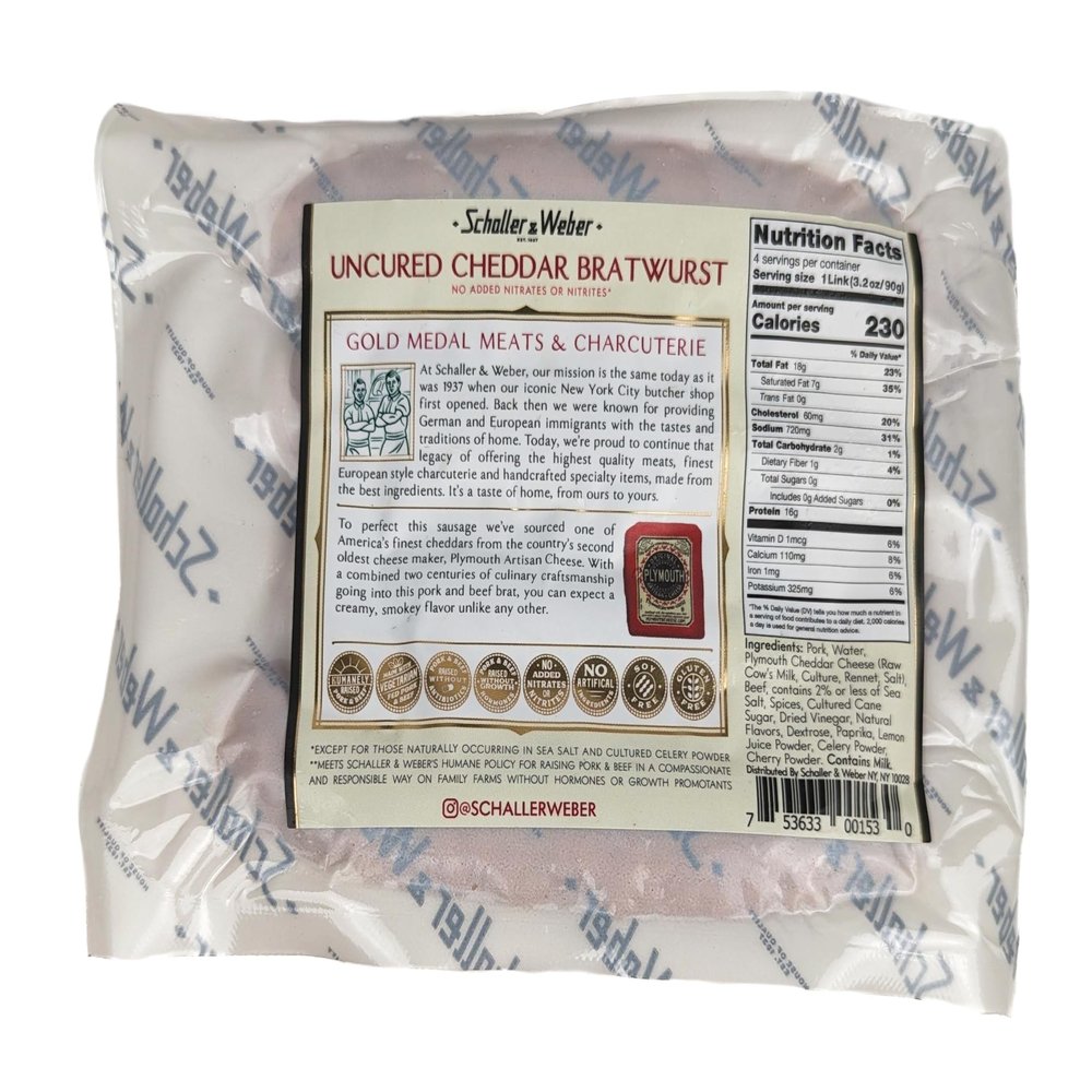 Schaller & Weber Uncured Cheddar Bratwurst 12oz (Pack of 4)